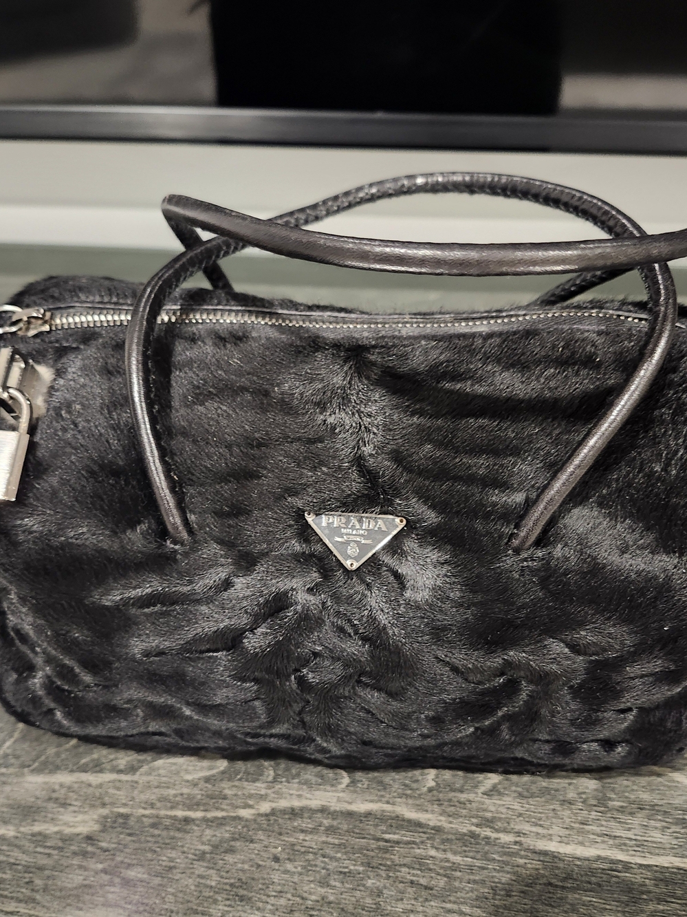 Prada Black Faux Fur Shoulder Bag with Silver Logo Plaque